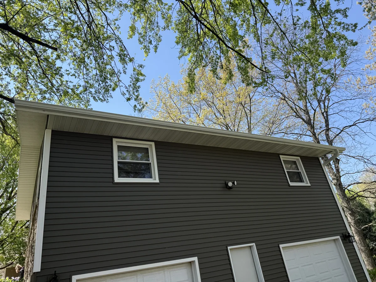 Dark gray vinyl siding with white window trim